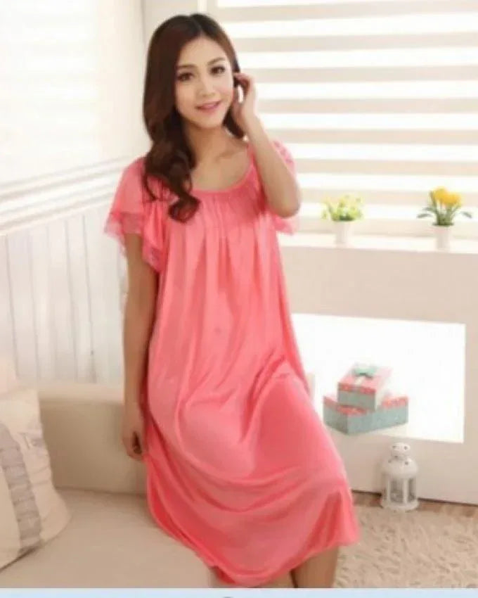 Summer Short Sleeve Sleepwear Viscose Lace Long Nightgown - Arfa Mart