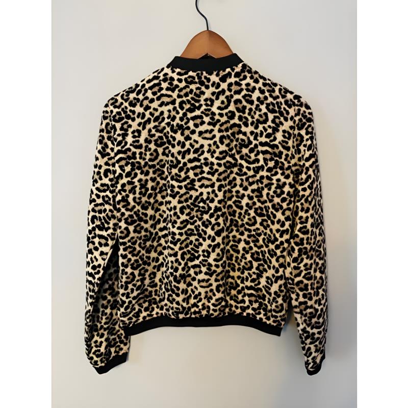 Stylish Leopard-Printed Velvet Zipper Bomber Jacket For Ladies