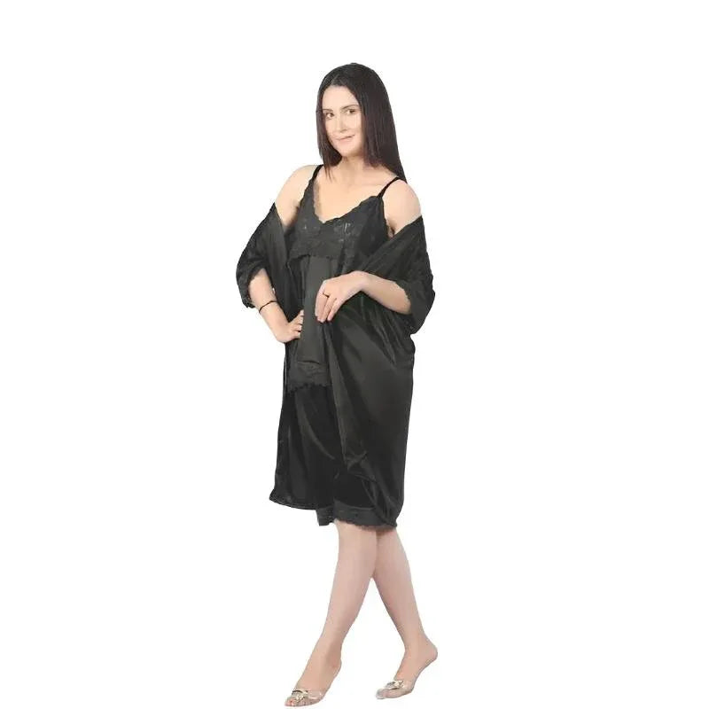 3 Piece Silk Bridal Short Nighty Set Soft And Comfortable Women Nightwear - Arfa Mart