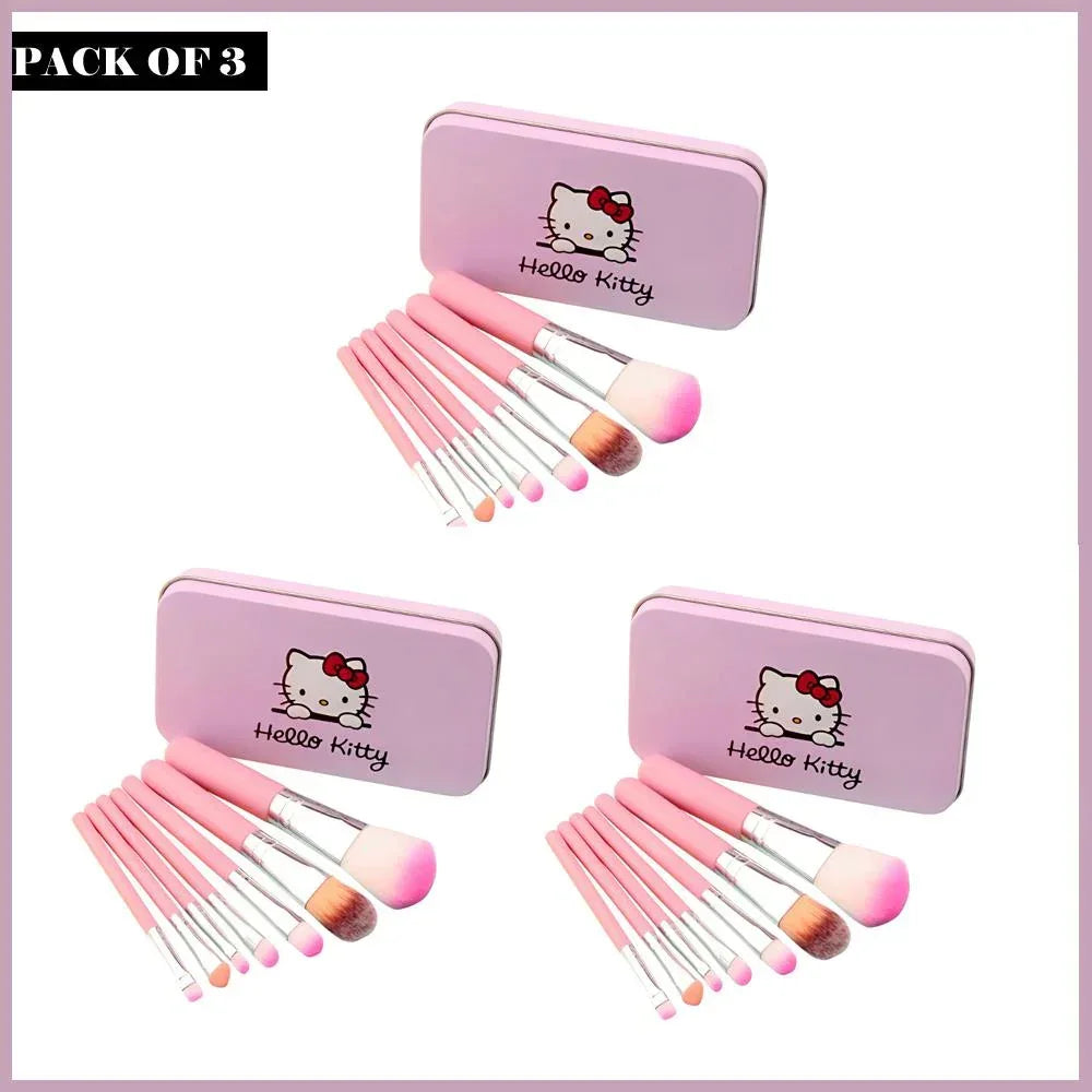 Pack Of 3 Cute Mini Hello Kitty 7PCS Makeup Brush Kit - Arfa Mart