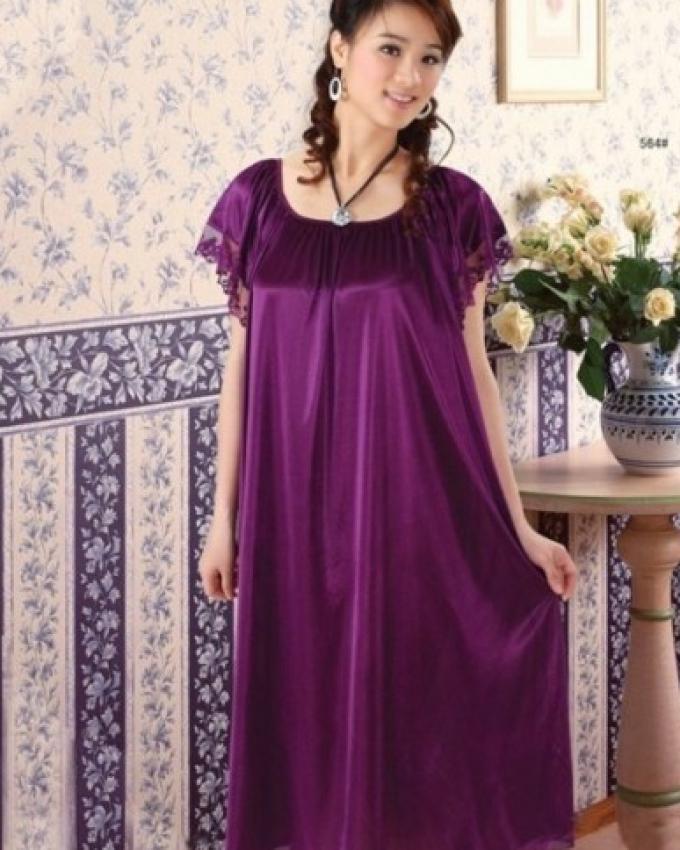 Summer Short Sleeve Sleepwear Viscose Lace Long Nightgown