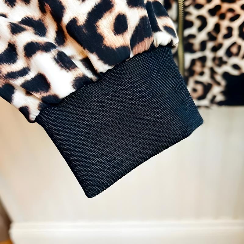 Stylish Leopard-Printed Velvet Zipper Bomber Jacket For Ladies