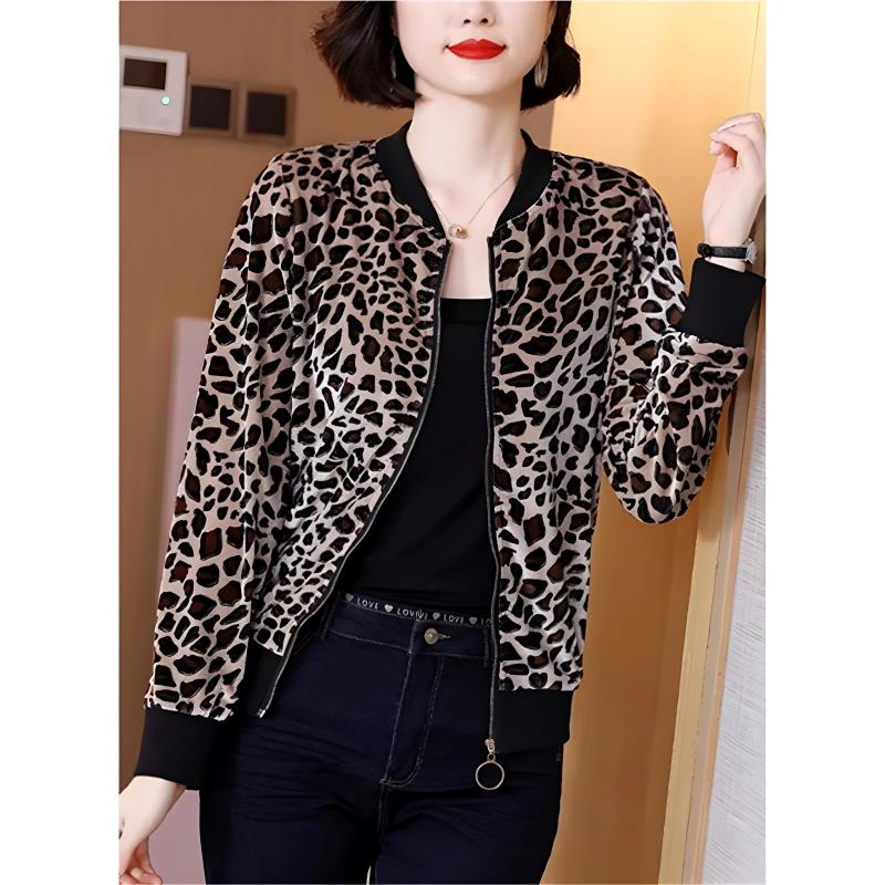 Stylish Leopard-Printed Velvet Zipper Bomber Jacket For Ladies