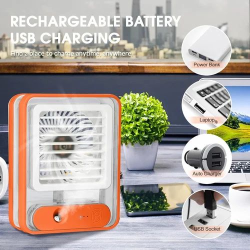 Rechargeable Battery Operated Mini Usb Fan With Mist Water Spray Mini Cooler With Led Night Light Mini Ac Personal Air Cooler Desk Fan For Office Kitchen Home