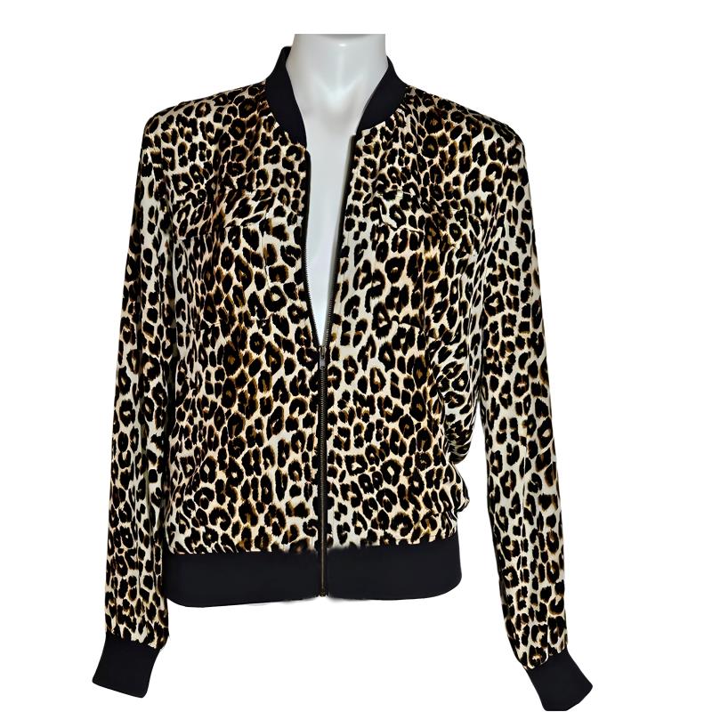Stylish Leopard-Printed Velvet Zipper Bomber Jacket For Ladies