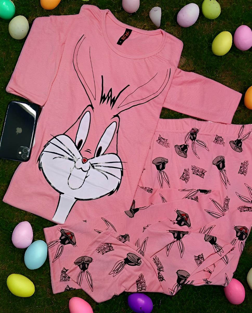 Casual Cotton Cute Bugs Bunny Pirnted Night Suit Set Loungewear For Ladies