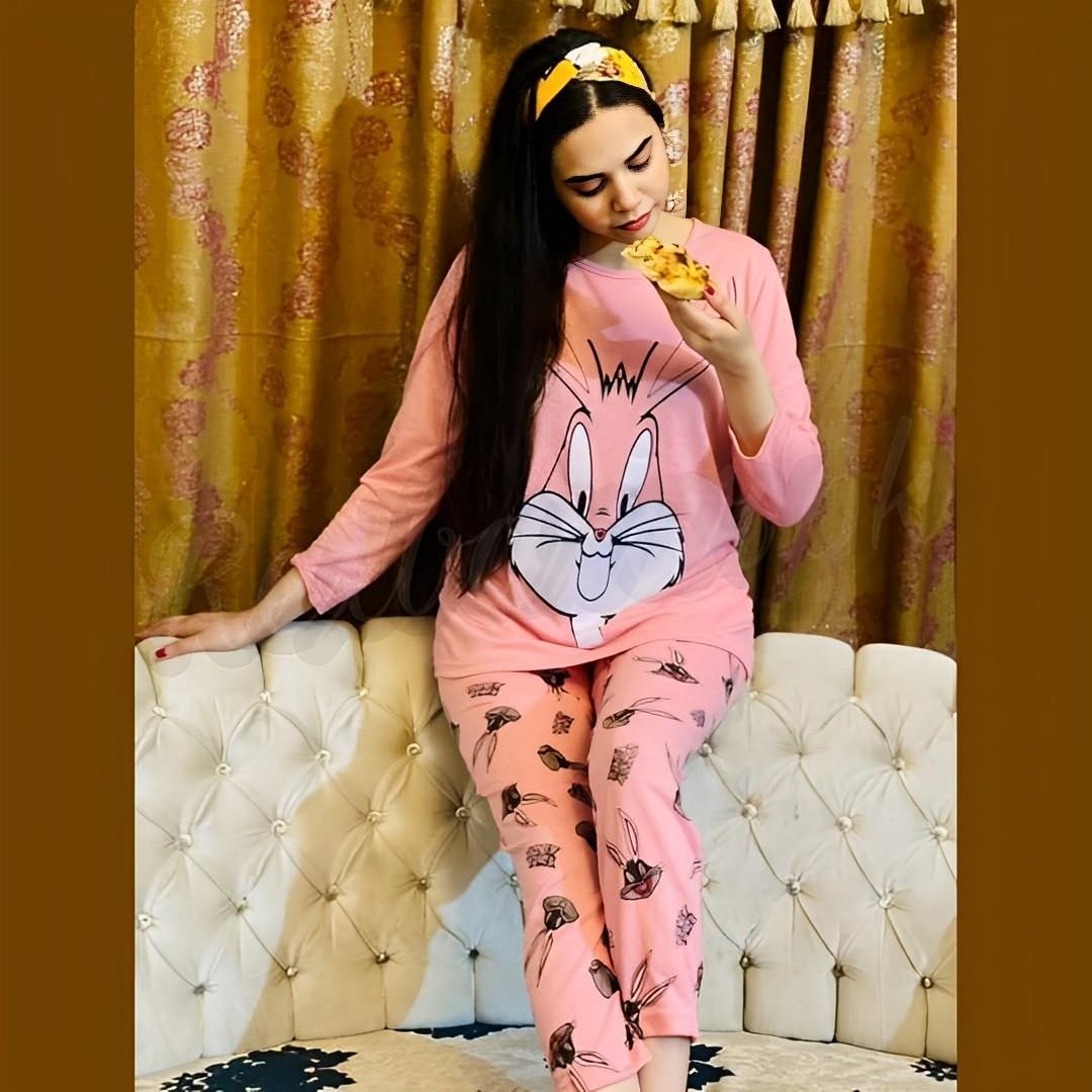 Casual Cotton Cute Bugs Bunny Pirnted Night Suit Set Loungewear For Ladies