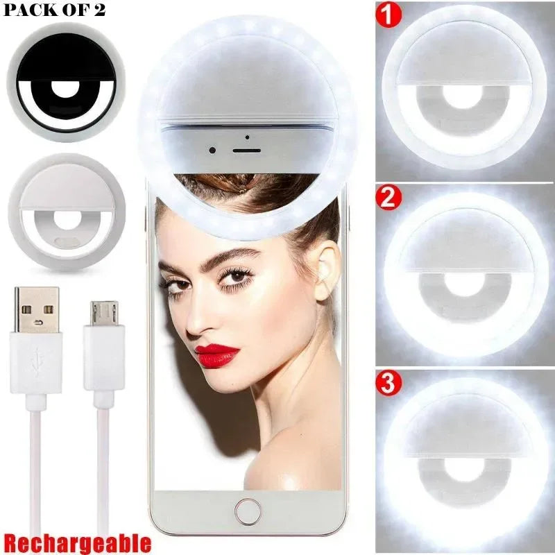 Pack Of 2 Mini Portable USB Rechargeable Selfie Ring Light With 3 Brightness Levels - Arfa Mart