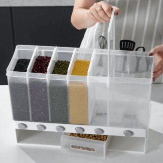Wall Mounted Kitchen Rice and Cereal Dispenser with 6 Compartments, Food Grade PP