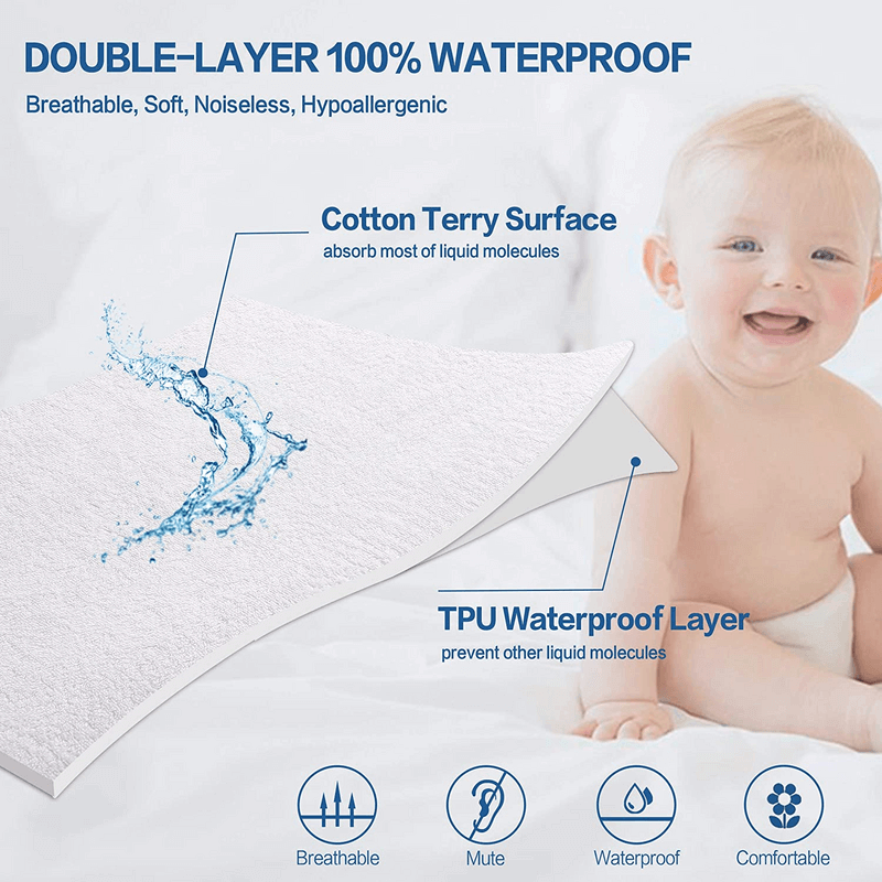 100% Waterproof Mattress Protector with Cotton Terry Top and Deep Pocket Fit up to 18