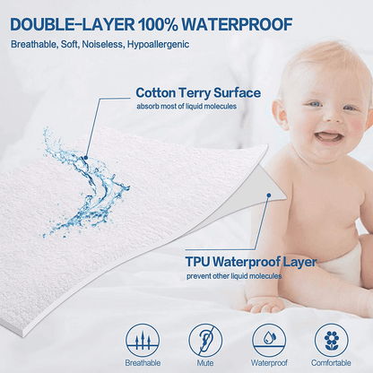 100% Waterproof Mattress Protector with Cotton Terry Top and Deep Pocket Fit up to 18