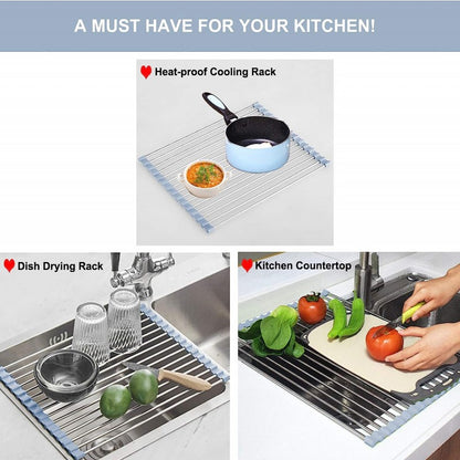 Expandable Over Sink Dish Drying Rack with Retractable Drainage Basket and Non-Slip Arms