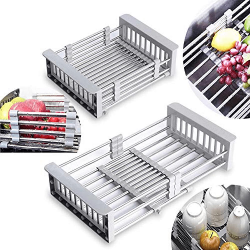 Expandable Over Sink Dish Drying Rack with Retractable Drainage Basket and Non-Slip Arms
