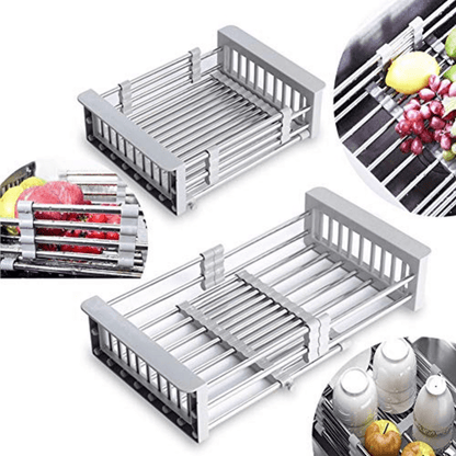 Expandable Over Sink Dish Drying Rack with Retractable Drainage Basket and Non-Slip Arms