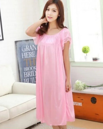 Summer Short Sleeve Sleepwear Viscose Lace Long Nightgown - Arfa Mart