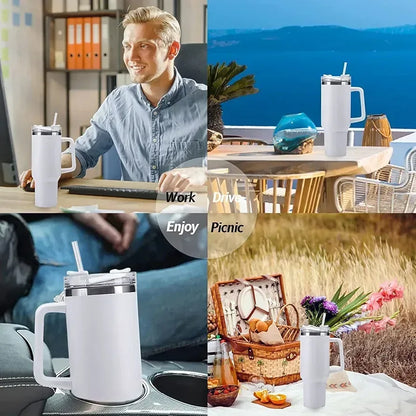 Stainless Steel Water Bottle with Handle Lid Straw Vacuum Thermos Cup Car Coffee Mug Personalized Tumbler 40oz - Arfa Mart
