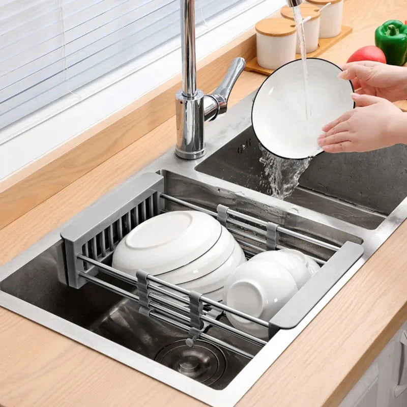 Expandable Over Sink Dish Drying Rack with Retractable Drainage Basket and Non-Slip Arms