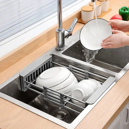 Expandable Over Sink Dish Drying Rack with Retractable Drainage Basket and Non-Slip Arms