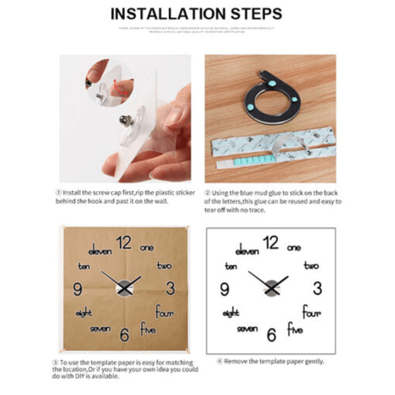 DIY 3D Modern Acrylic Wall Clock Large with English Letters and Numbers, Battery Operated