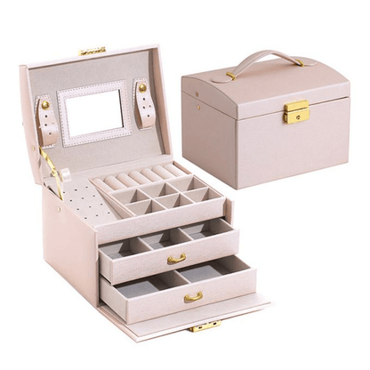 Generic 3 Layers Leather Jewelry Box with Mirror and Secure Lock, Brown