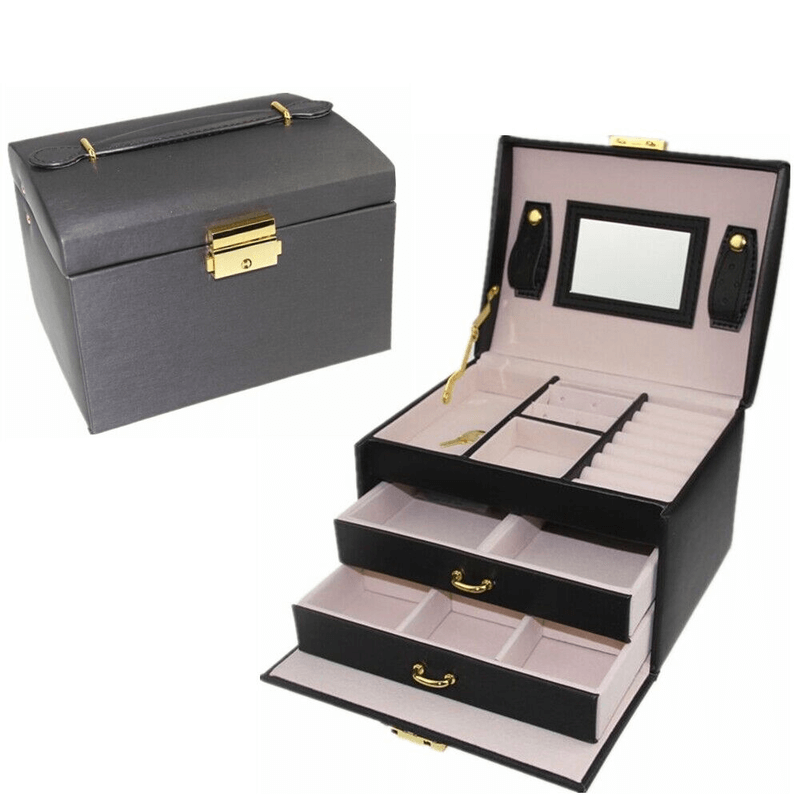 Generic 3 Layers Leather Jewelry Box with Mirror and Secure Lock, Brown