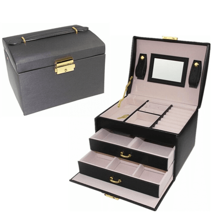 Generic 3 Layers Leather Jewelry Box with Mirror and Secure Lock, Brown