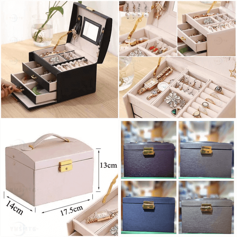 Generic 3 Layers Leather Jewelry Box with Mirror and Secure Lock, Brown