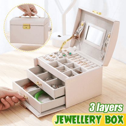 Generic 3 Layers Leather Jewelry Box with Mirror and Secure Lock, Brown