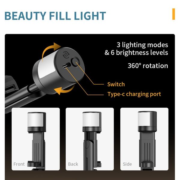 3-in-1 Selfie Stick with Fill Light and Tripod, Expandable with Remote