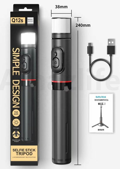 3-in-1 Selfie Stick with Fill Light and Tripod, Expandable with Remote