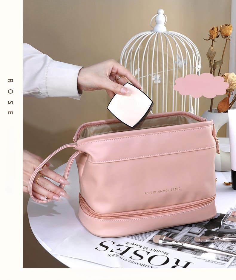Double Layer Leather Cosmetic Pouch - Arfa Mart