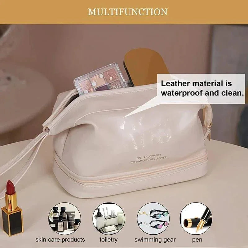 Double Layer Leather Cosmetic Pouch - Arfa Mart