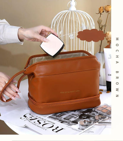 Double Layer Leather Cosmetic Pouch - Arfa Mart