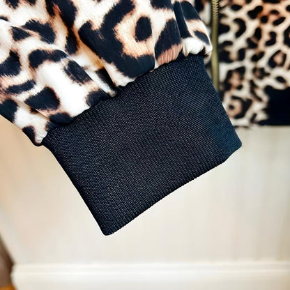 Stylish Leopard-Printed Velvet Zipper Bomber Jacket For Ladies