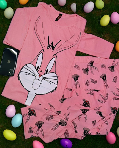 Casual Cotton Cute Bugs Bunny Pirnted Night Suit Set Loungewear For Ladies