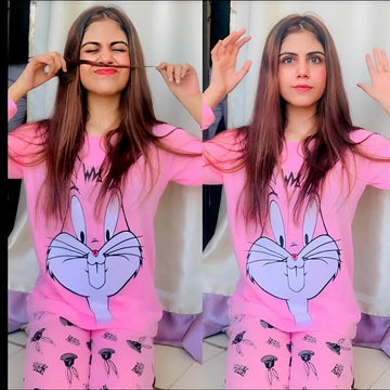 Casual Cotton Cute Bugs Bunny Pirnted Night Suit Set Loungewear For Ladies - Arfa Mart