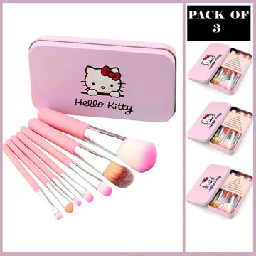 Pack Of 3 Cute Mini Hello Kitty 7PCS Makeup Brush Kit - Arfa Mart