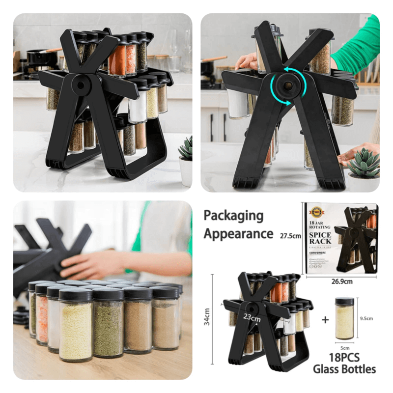 18pcs 360-Degree Rolling Spice Jar Set with Sealed Glass Jars