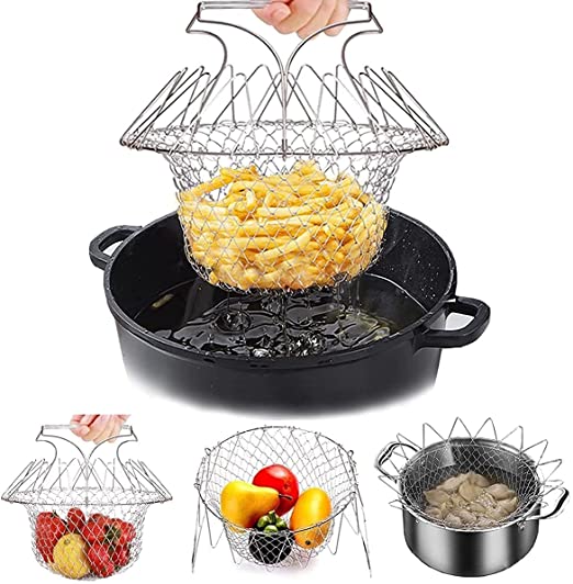 Steam Rinse Deep Fry Chef Magic Mesh Basket with Cool-Touch Handles for Easy Cooking