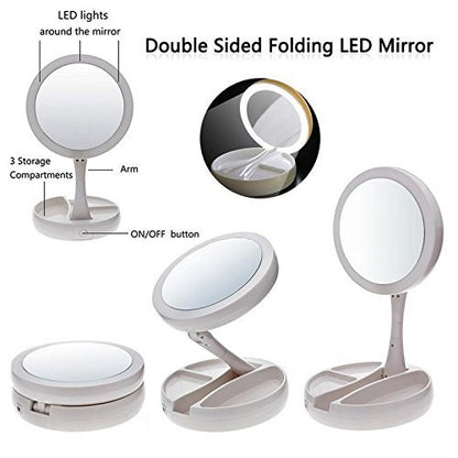 Foldable LED Lights Makeup Mirror with 360 Rotation and Dual Power Supply