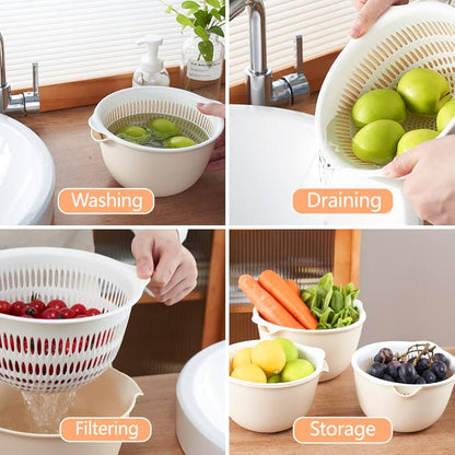 Kitchen Double Drain Basket Bowl with 360? Rotation, Food Grade PP, Dual Layer