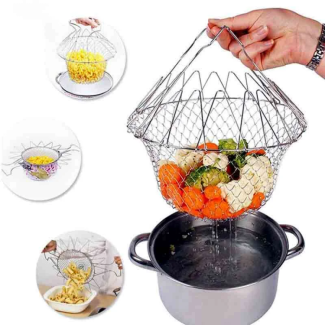 Steam Rinse Deep Fry Chef Magic Mesh Basket with Cool-Touch Handles for Easy Cooking