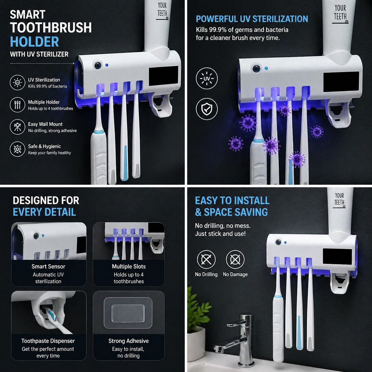 Electric Toothbrush Sterilizer and Dispenser with UV Light and Holder