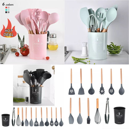 11 Pcs Silicone Cooking Utensils Set with Wooden Handles, Heat Resistant to 446?F, BPA Free