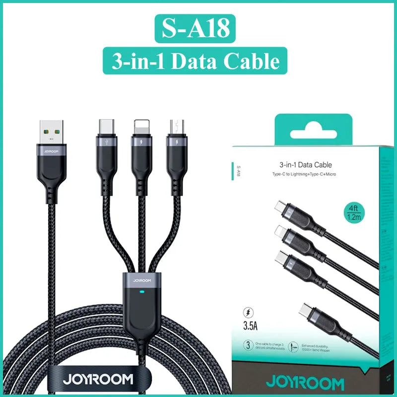 JoyRoom S-A18 3-in-1 Fast Charging and Data Cable – USB-A to Lightning, Type-C, and Micro, 3.5A