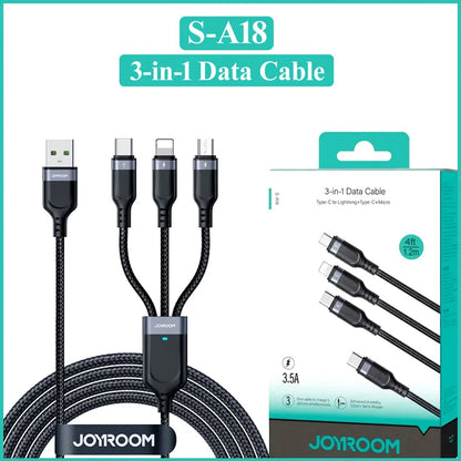 JoyRoom S-A18 3-in-1 Fast Charging and Data Cable – USB-A to Lightning, Type-C, and Micro, 3.5A