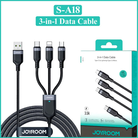 JoyRoom S-A18 3-in-1 Fast Charging and Data Cable – USB-A to Lightning, Type-C, and Micro, 3.5A