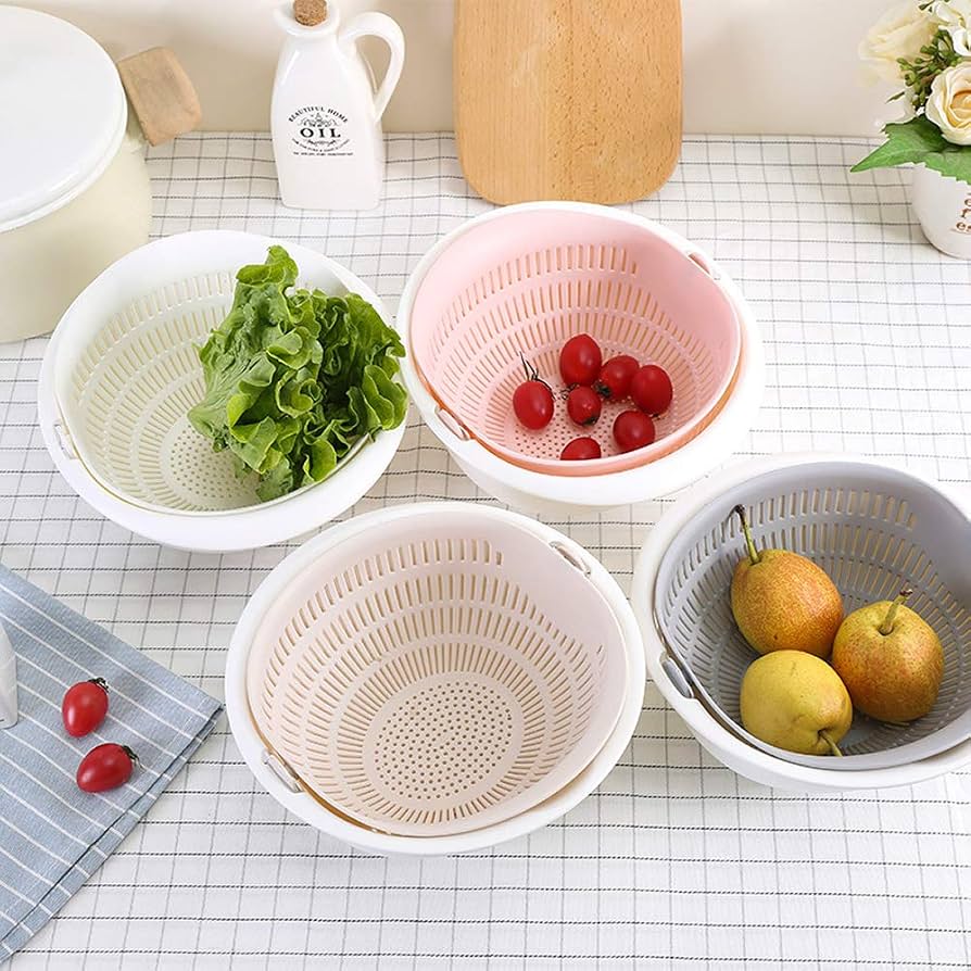 Kitchen Double Drain Basket Bowl with 360? Rotation, Food Grade PP, Dual Layer