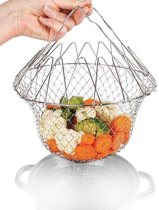 Steam Rinse Deep Fry Chef Magic Mesh Basket with Cool-Touch Handles for Easy Cooking