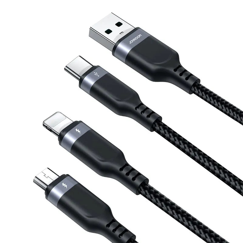 JoyRoom S-A18 3-in-1 Fast Charging and Data Cable – USB-A to Lightning, Type-C, and Micro, 3.5A
